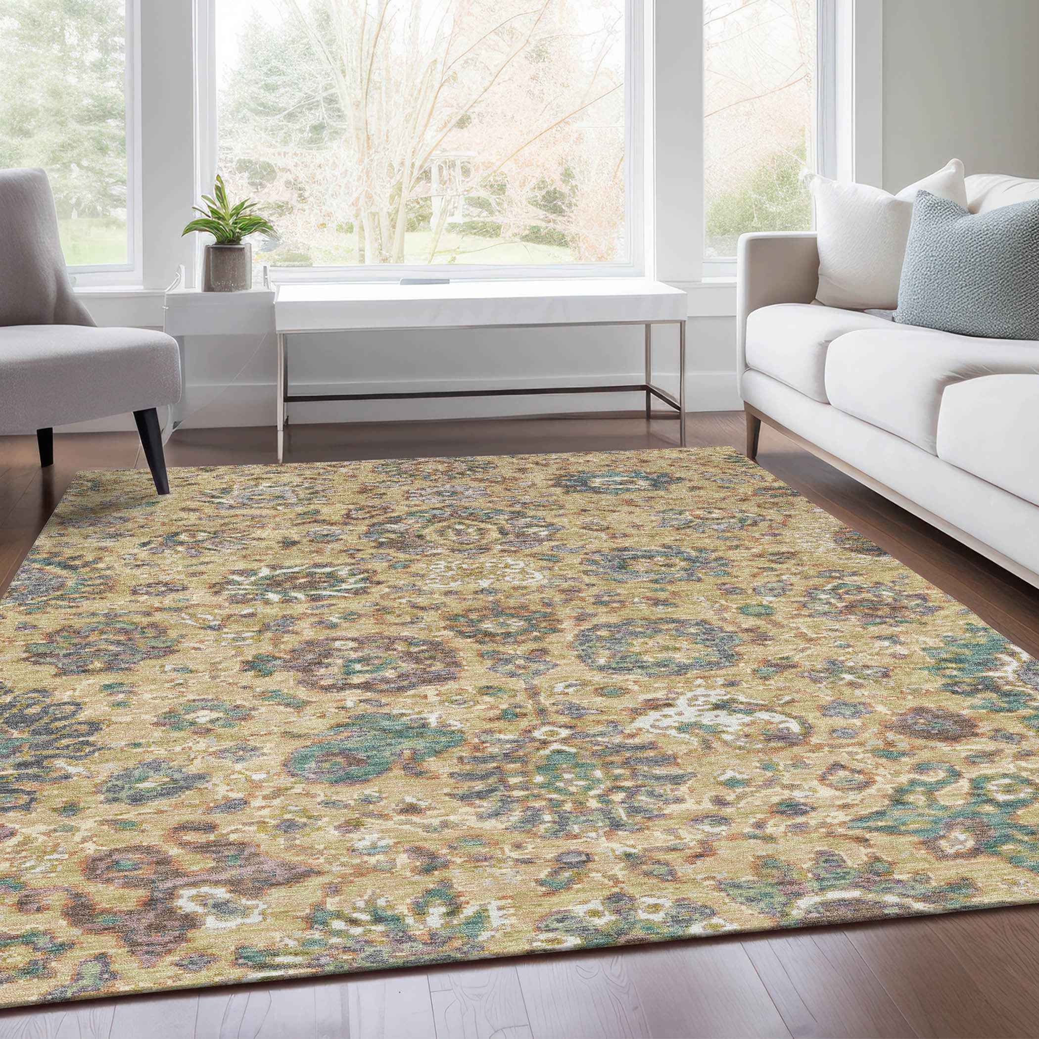 3' X 5' Gold Beige And Pale Aqua Floral Washable Indoor Outdoor Area Rug