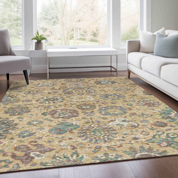 3' X 5' Gold Beige And Pale Aqua Floral Washable Indoor Outdoor Area Rug
