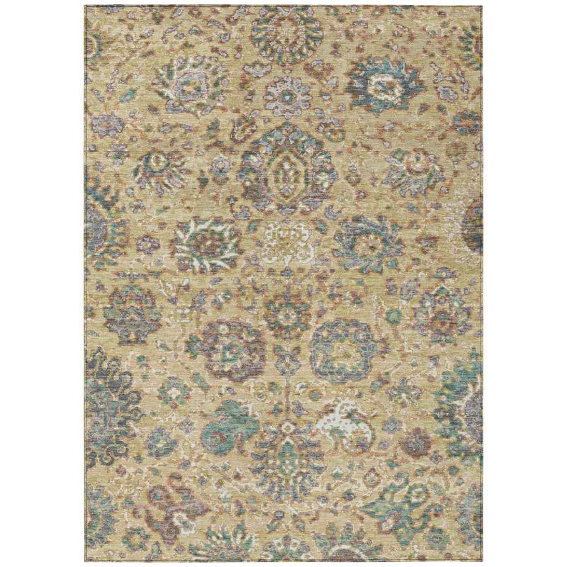 3' X 5' Gold Beige And Pale Aqua Floral Washable Indoor Outdoor Area Rug