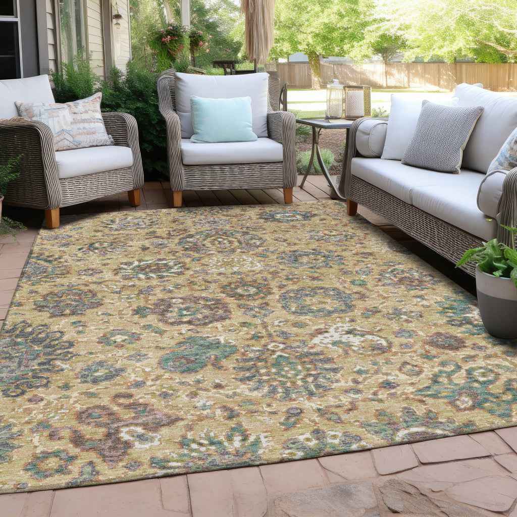 3' X 5' Gold Beige And Pale Aqua Floral Washable Indoor Outdoor Area Rug