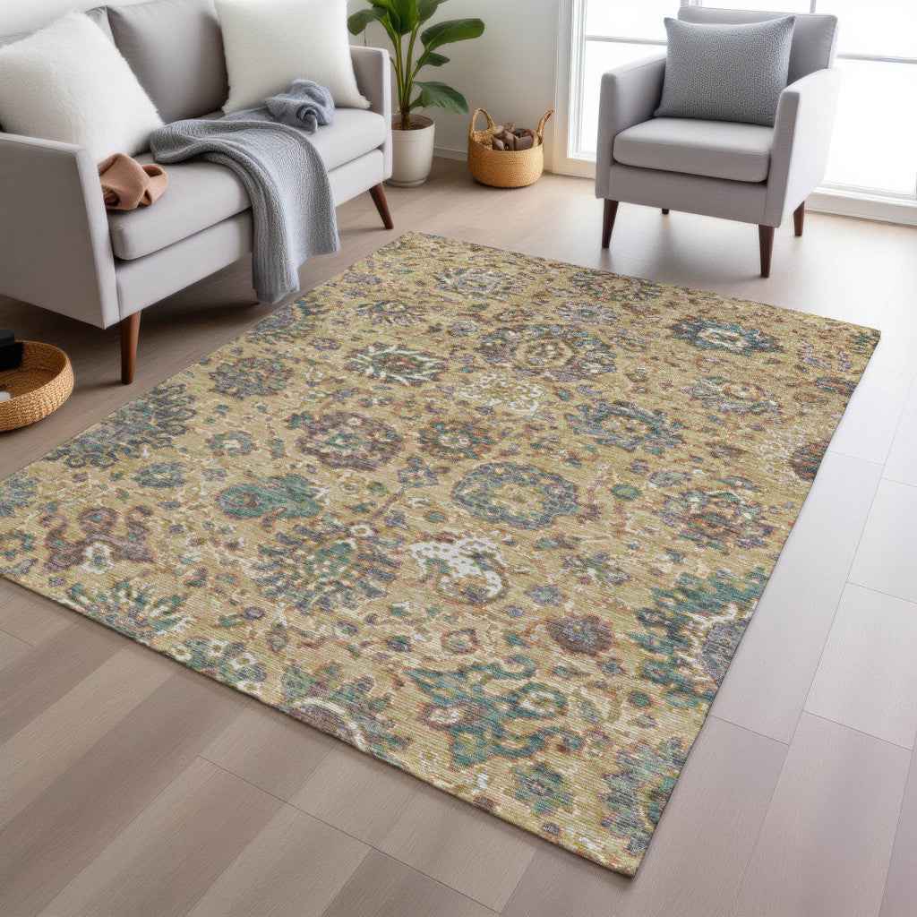 3' X 5' Gold Beige And Pale Aqua Floral Washable Indoor Outdoor Area Rug