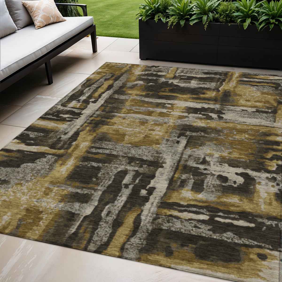 5' X 8' Coffee And Taupe Abstract Washable Indoor Outdoor Area Rug