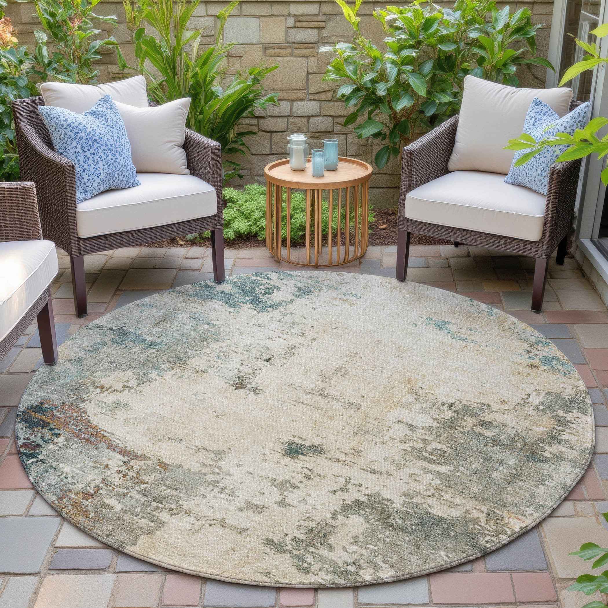 8' Ivory And Taupe Round Abstract Washable Indoor Outdoor Area Rug