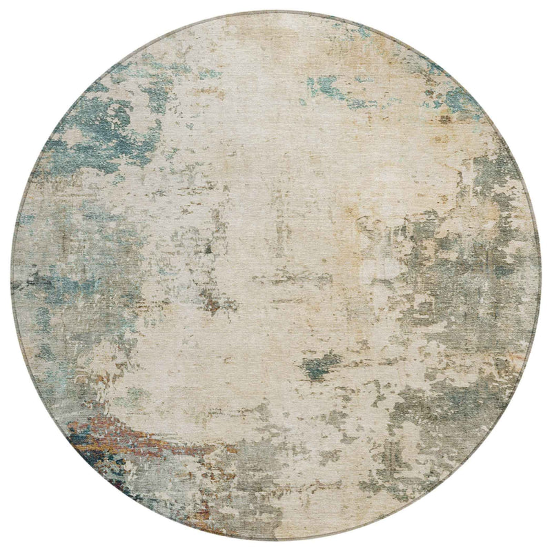 8' Ivory And Taupe Round Abstract Washable Indoor Outdoor Area Rug