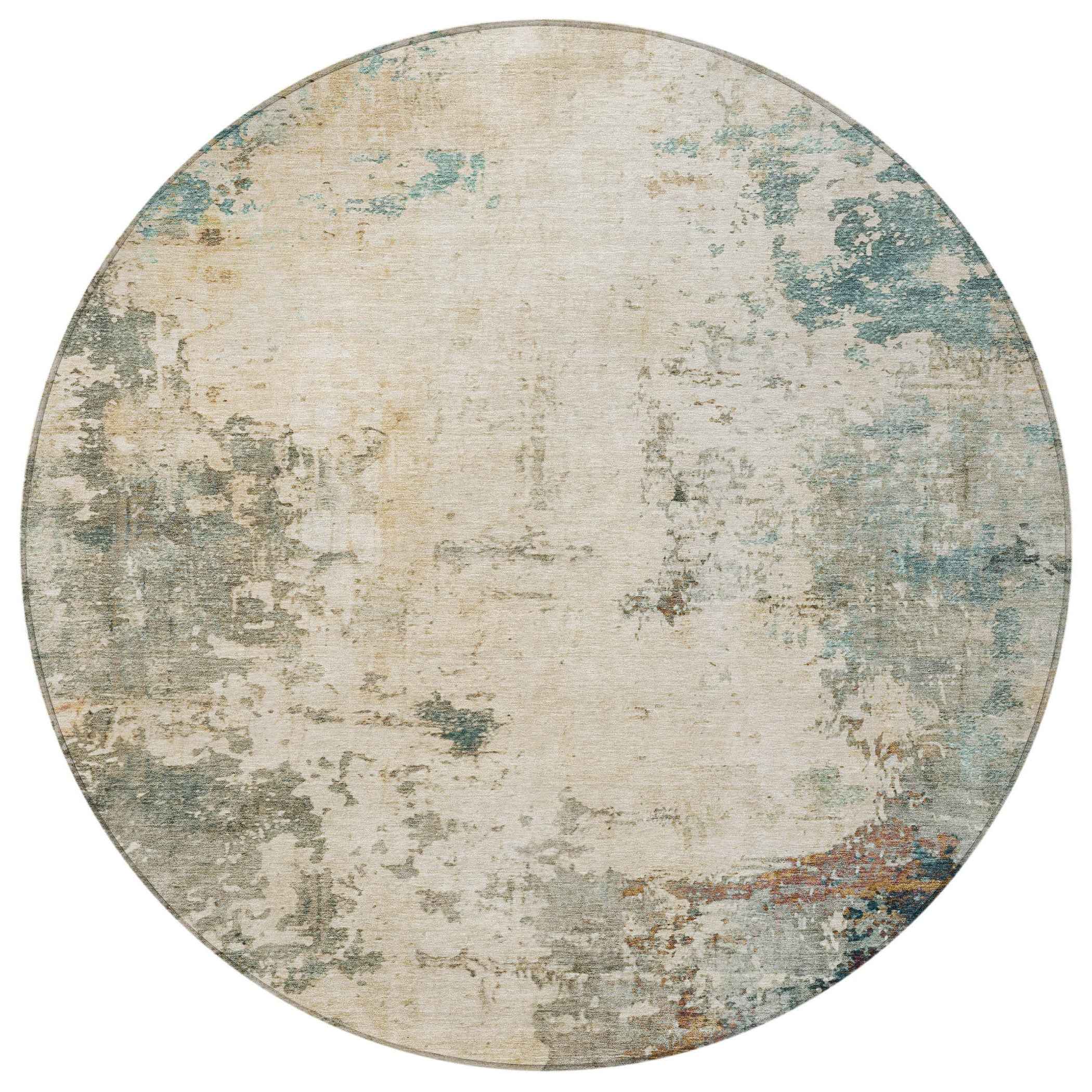 8' Ivory And Taupe Round Abstract Washable Indoor Outdoor Area Rug