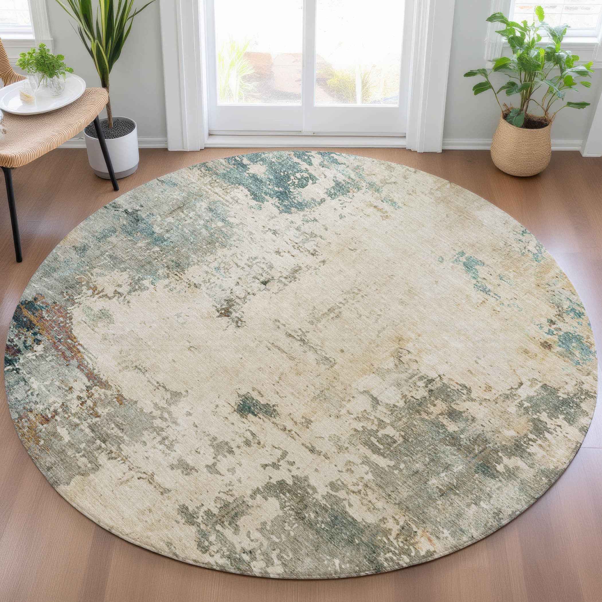 8' Ivory And Taupe Round Abstract Washable Indoor Outdoor Area Rug