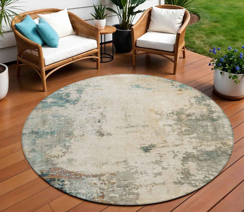 8' Ivory And Taupe Round Abstract Washable Indoor Outdoor Area Rug