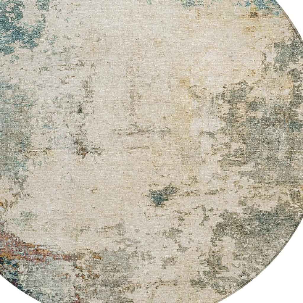 8' Ivory And Taupe Round Abstract Washable Indoor Outdoor Area Rug