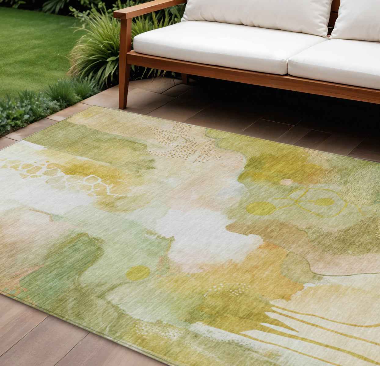 8' X 10' Fern Green Gold And Ivory Abstract Washable Indoor Outdoor Area Rug