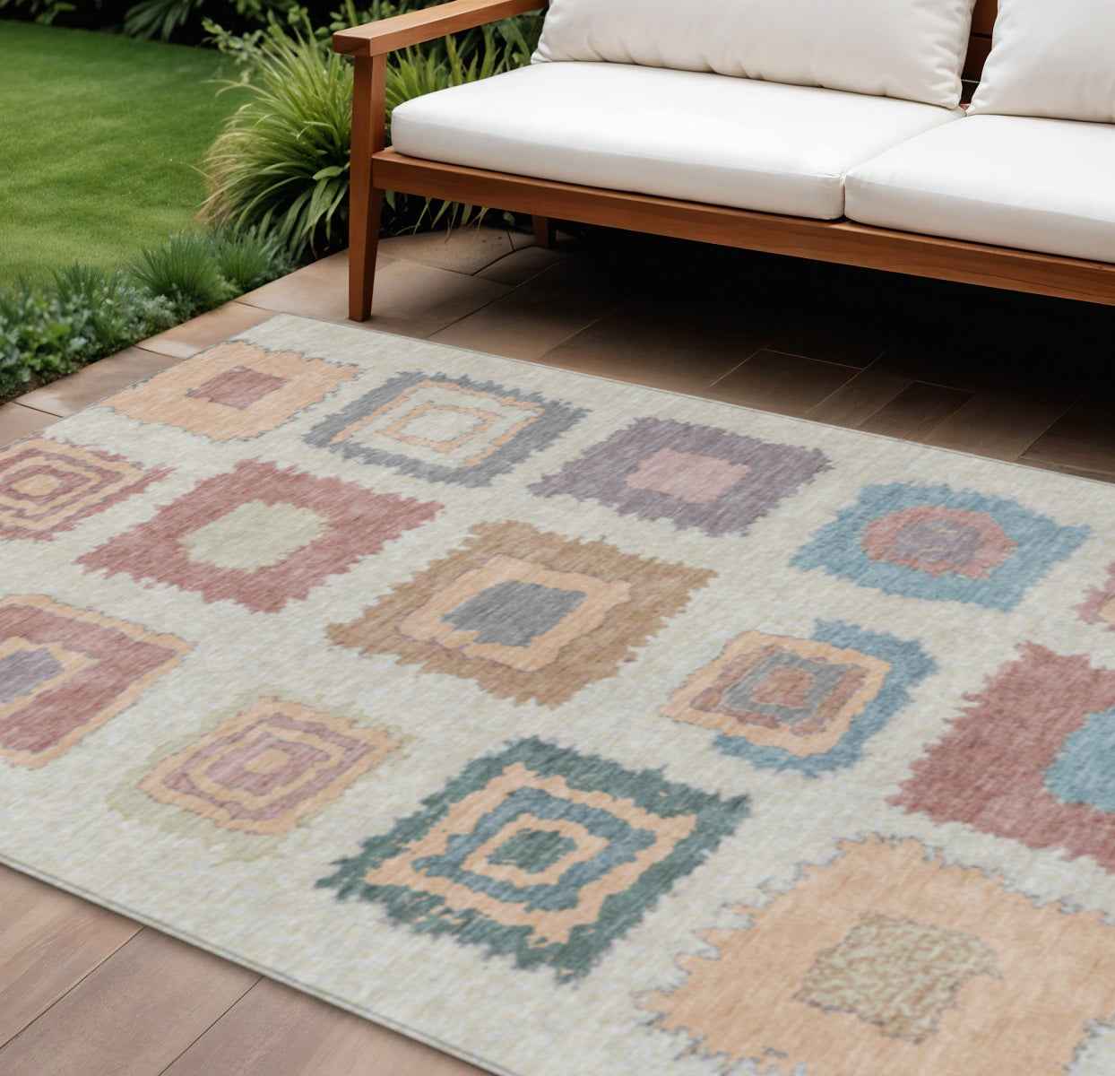 8' X 10' Peach Ivory And Beige Geometric Washable Indoor Outdoor Area Rug