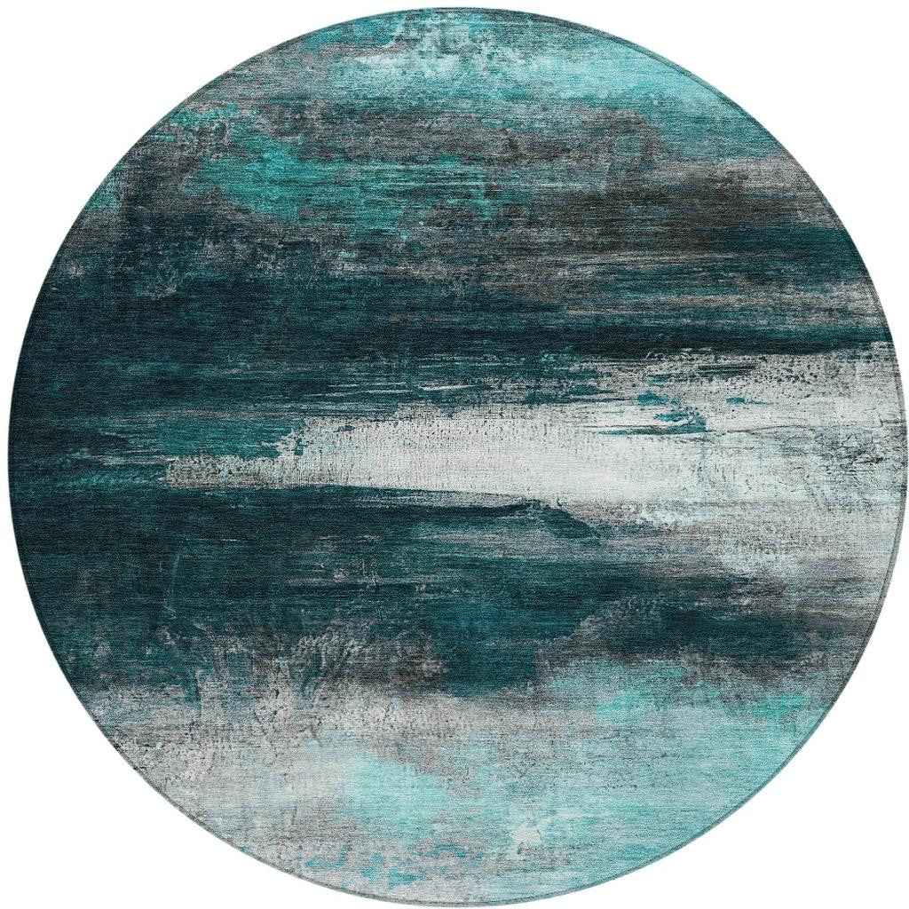8' Teal Blue Aqua And Charcoal Round Abstract Washable Indoor Outdoor Area Rug