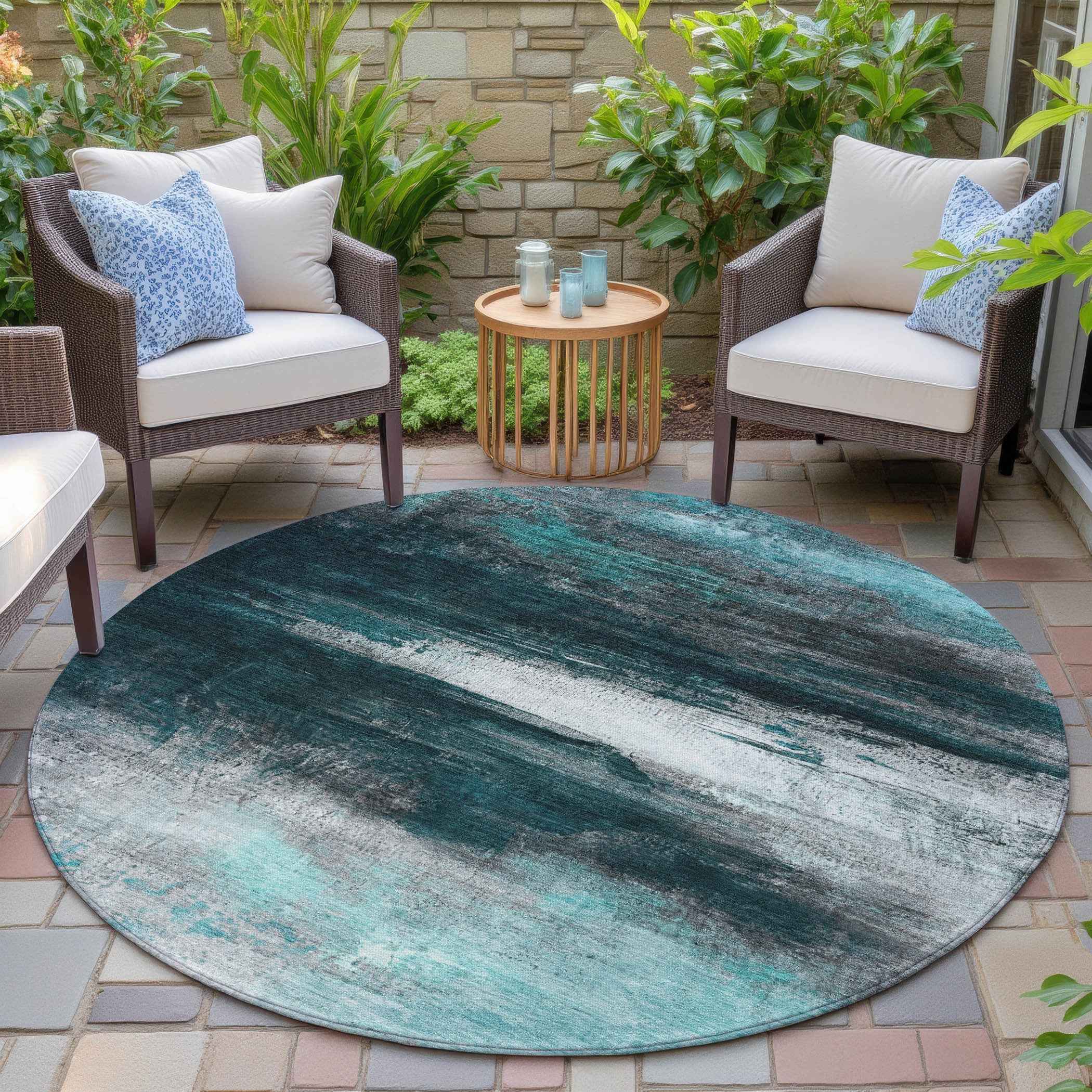 8' Teal Blue Aqua And Charcoal Round Abstract Washable Indoor Outdoor Area Rug