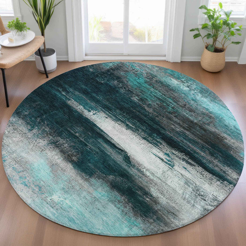8' Teal Blue Aqua And Charcoal Round Abstract Washable Indoor Outdoor Area Rug