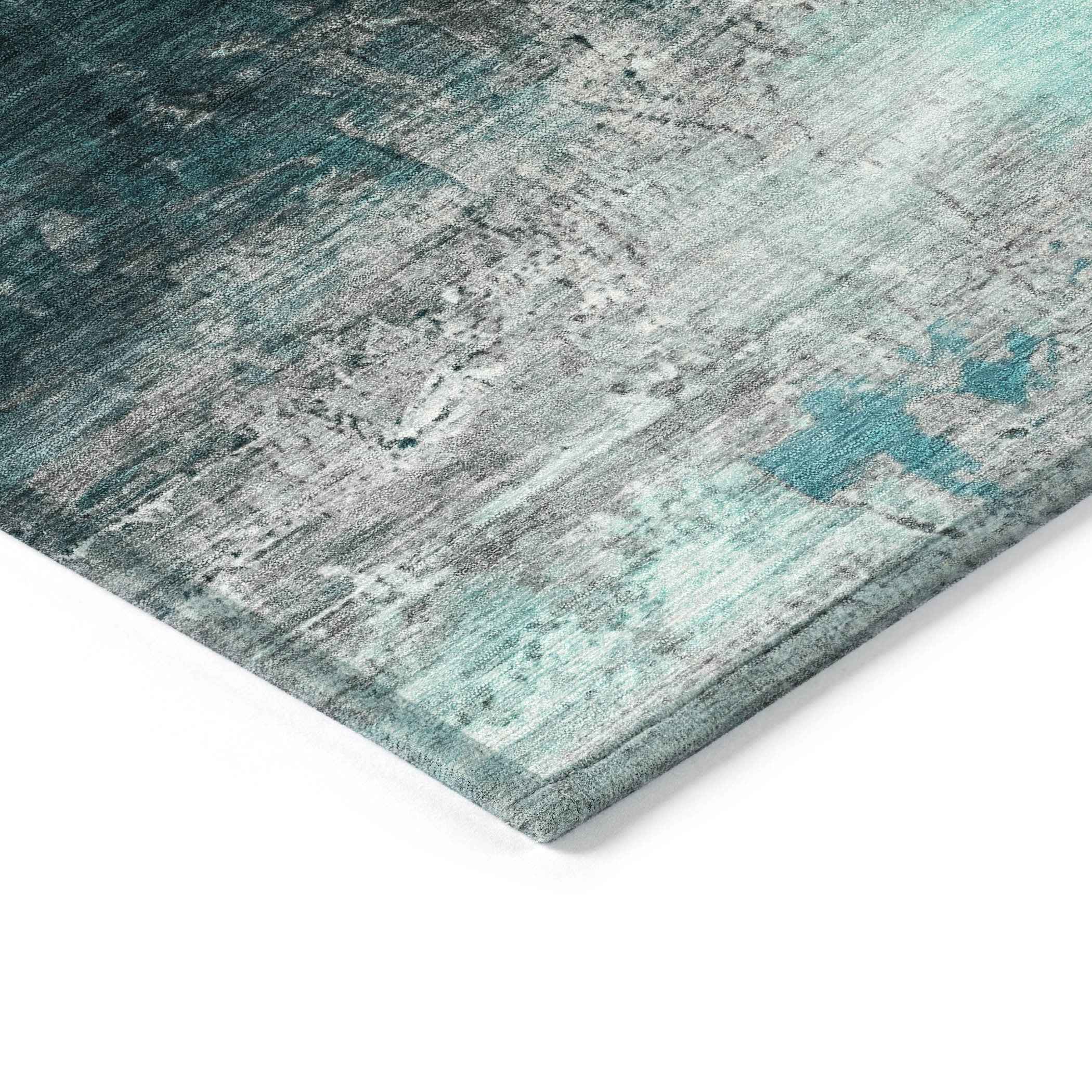 8' Teal Blue Aqua And Charcoal Round Abstract Washable Indoor Outdoor Area Rug