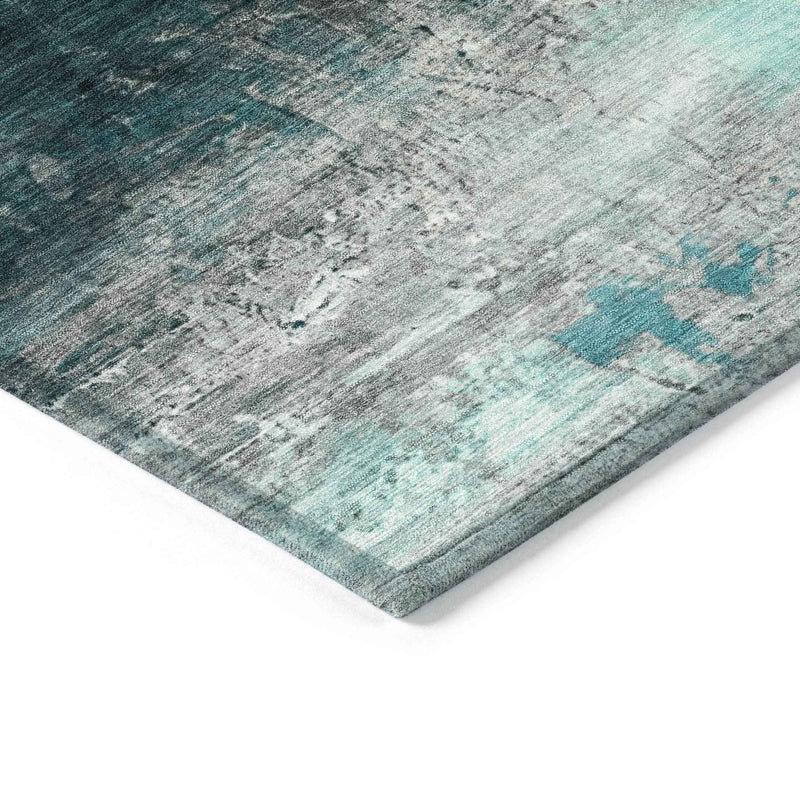 8' Teal Blue Aqua And Charcoal Round Abstract Washable Indoor Outdoor Area Rug