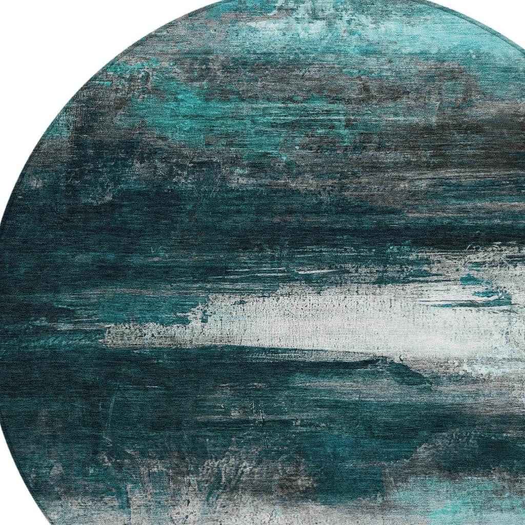 8' Teal Blue Aqua And Charcoal Round Abstract Washable Indoor Outdoor Area Rug