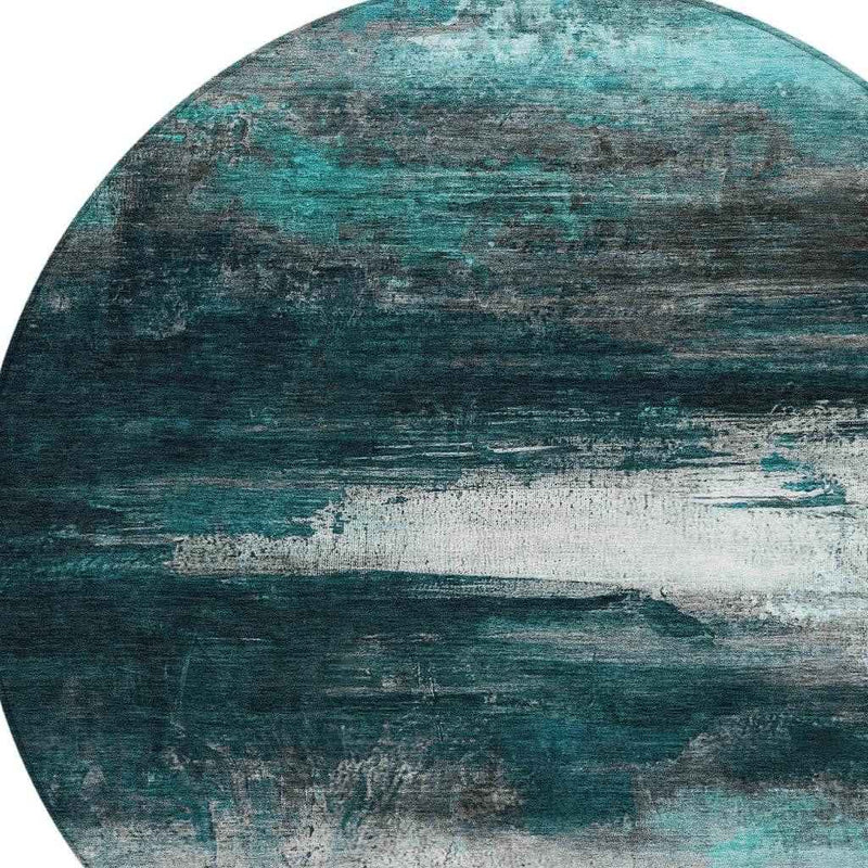 8' Teal Blue Aqua And Charcoal Round Abstract Washable Indoor Outdoor Area Rug