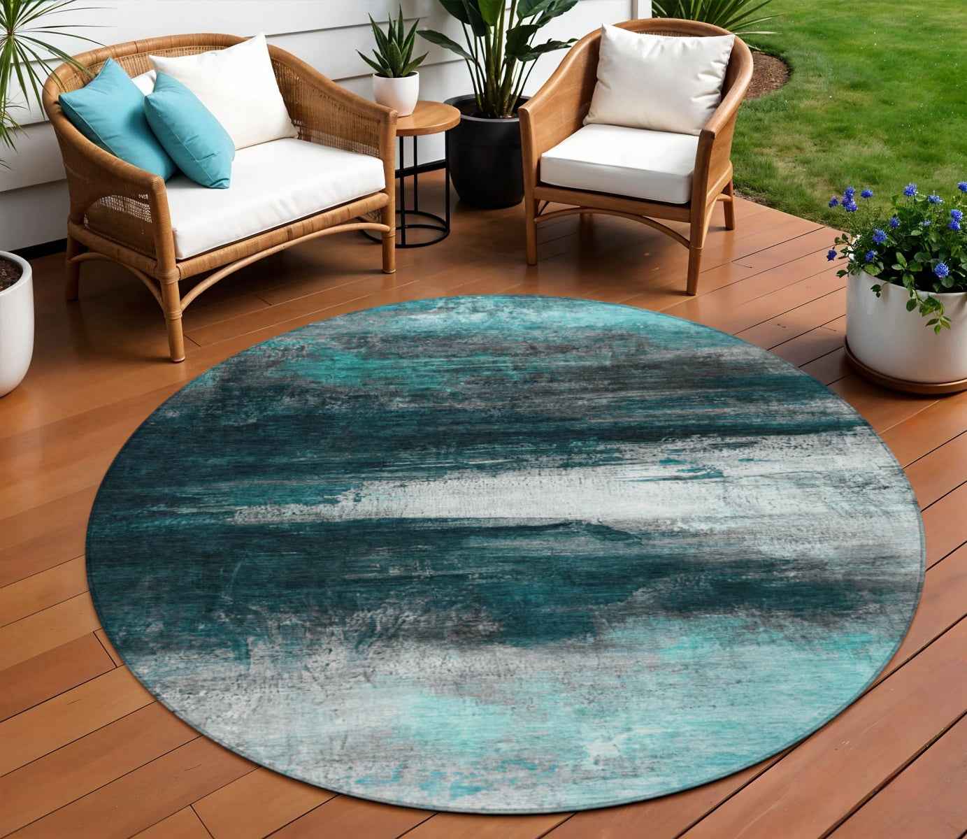 8' Teal Blue Aqua And Charcoal Round Abstract Washable Indoor Outdoor Area Rug