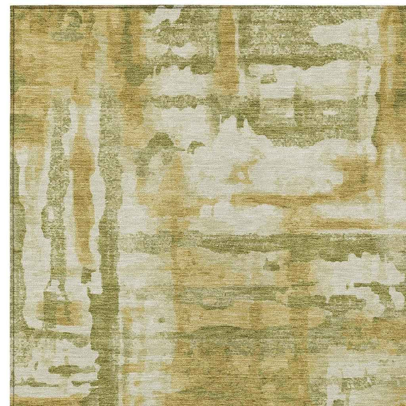 10' X 14' Artichoke Green And Gold Abstract Washable Indoor Outdoor Area Rug