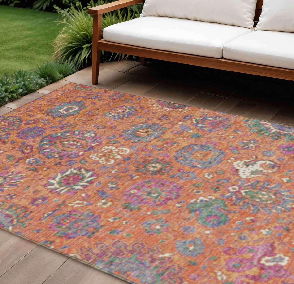 8' X 10' Orange Blue And Pink Floral Washable Indoor Outdoor Area Rug