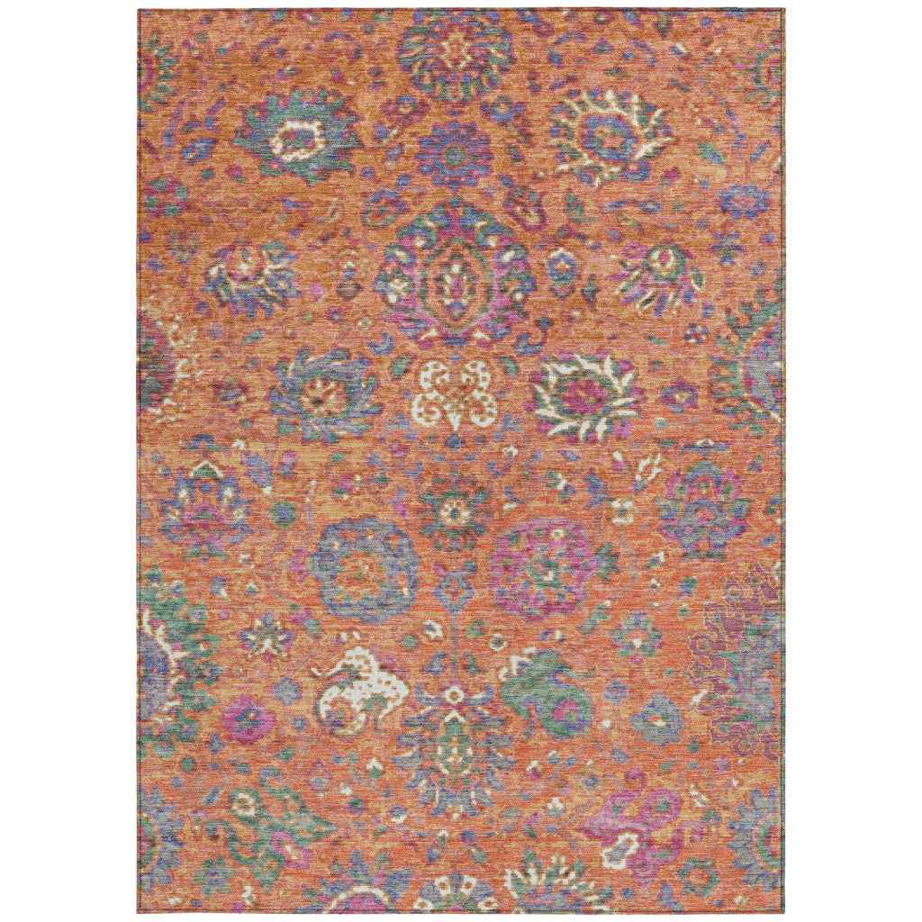8' X 10' Orange Blue And Pink Floral Washable Indoor Outdoor Area Rug