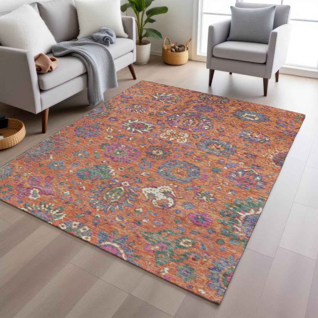 8' X 10' Orange Blue And Pink Floral Washable Indoor Outdoor Area Rug