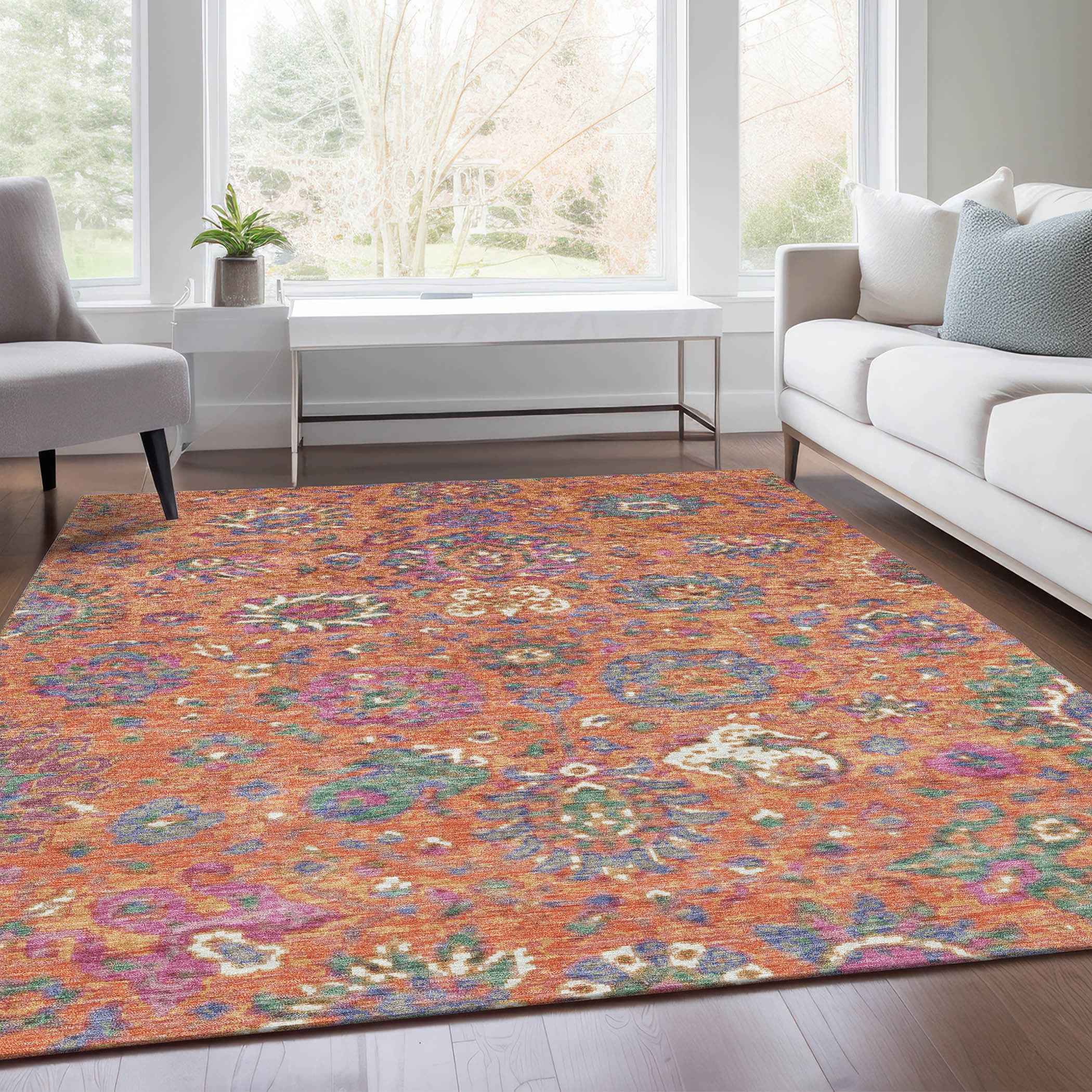 8' X 10' Orange Blue And Pink Floral Washable Indoor Outdoor Area Rug