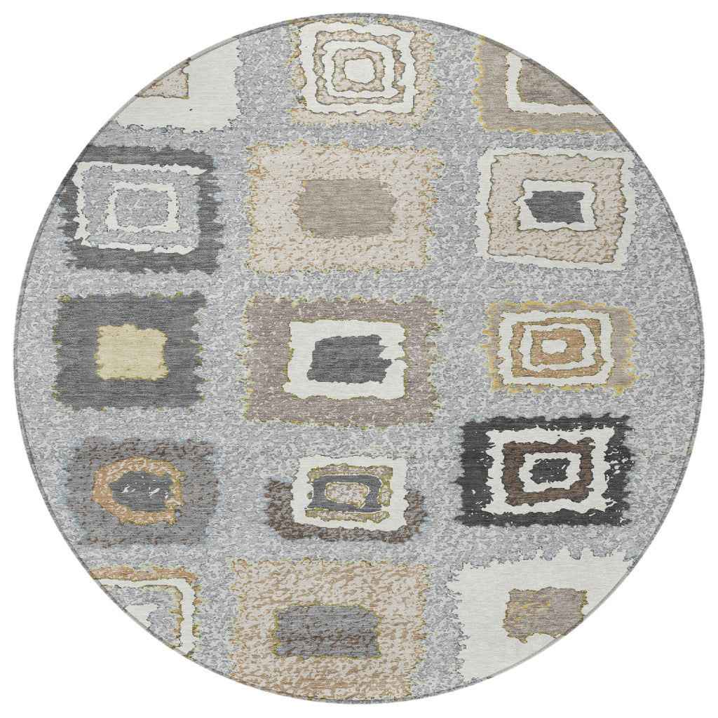 8' Gray Charcoal And Beige Round Geometric Washable Indoor Outdoor Area Rug