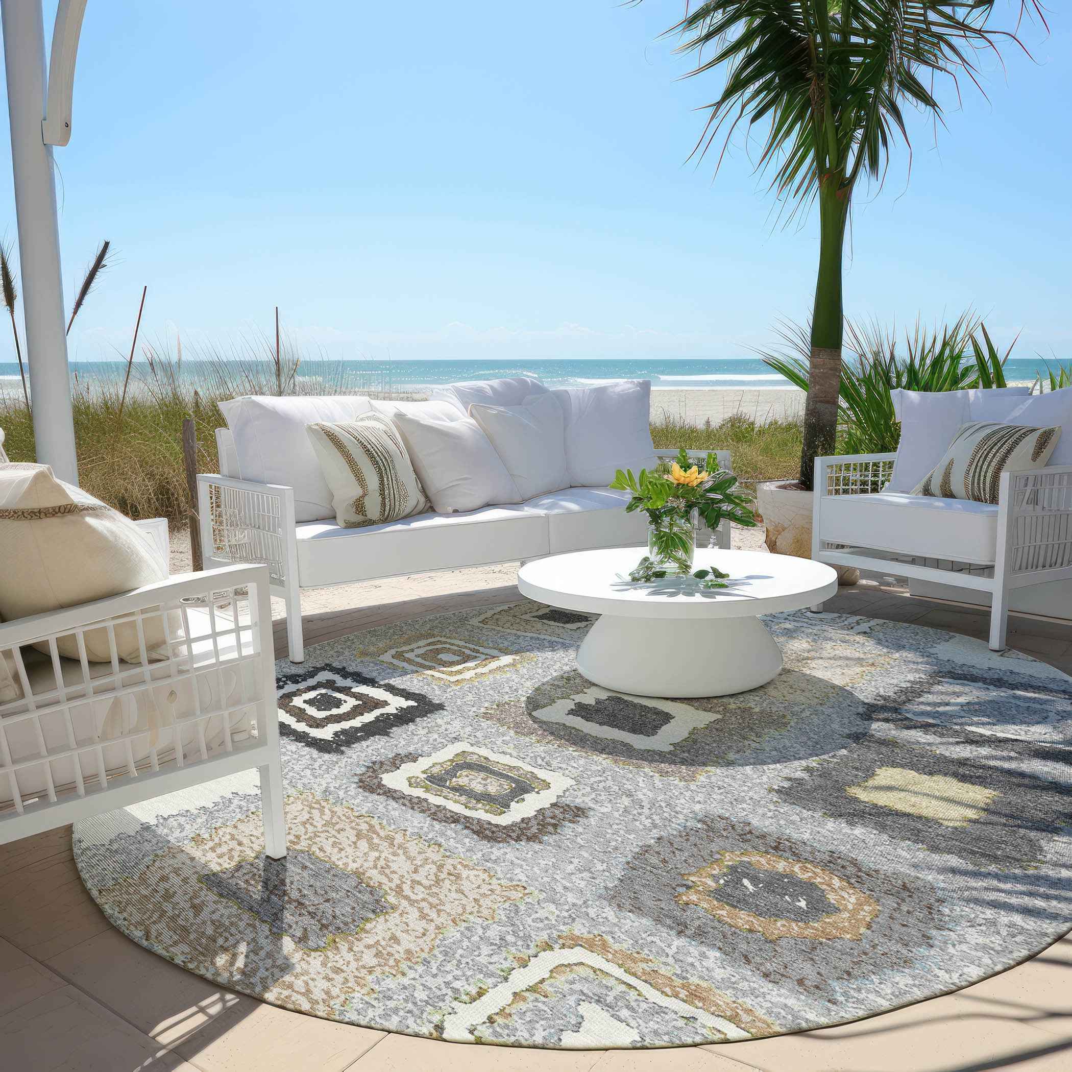 8' Gray Charcoal And Beige Round Geometric Washable Indoor Outdoor Area Rug