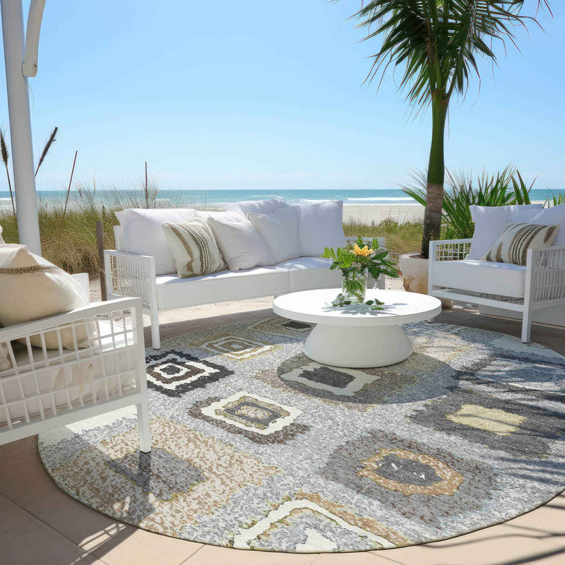 8' Gray Charcoal And Beige Round Geometric Washable Indoor Outdoor Area Rug