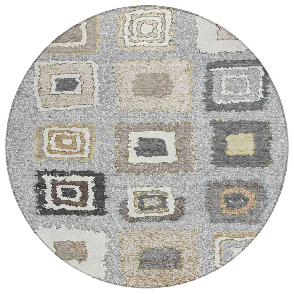 8' Gray Charcoal And Beige Round Geometric Washable Indoor Outdoor Area Rug