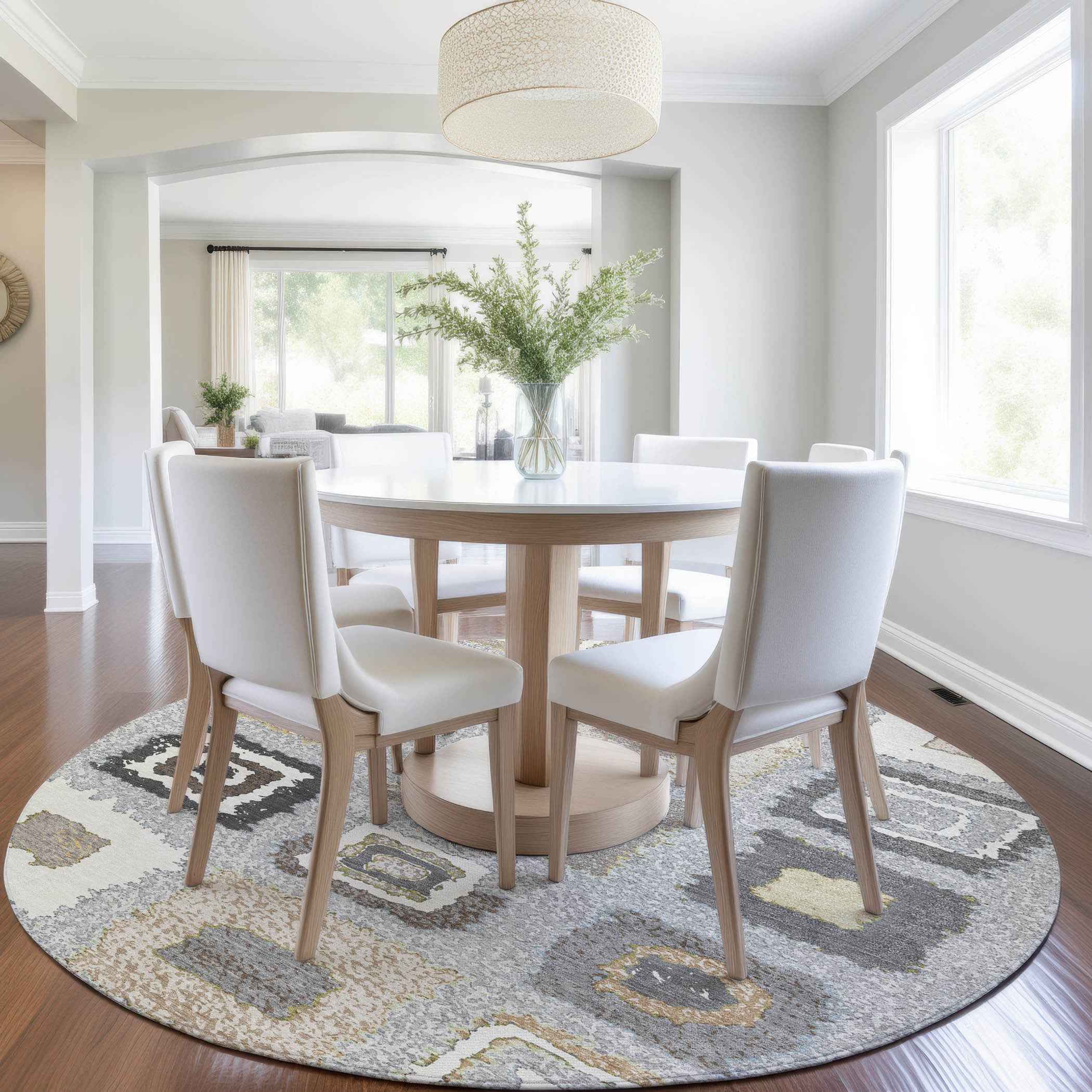 8' Gray Charcoal And Beige Round Geometric Washable Indoor Outdoor Area Rug