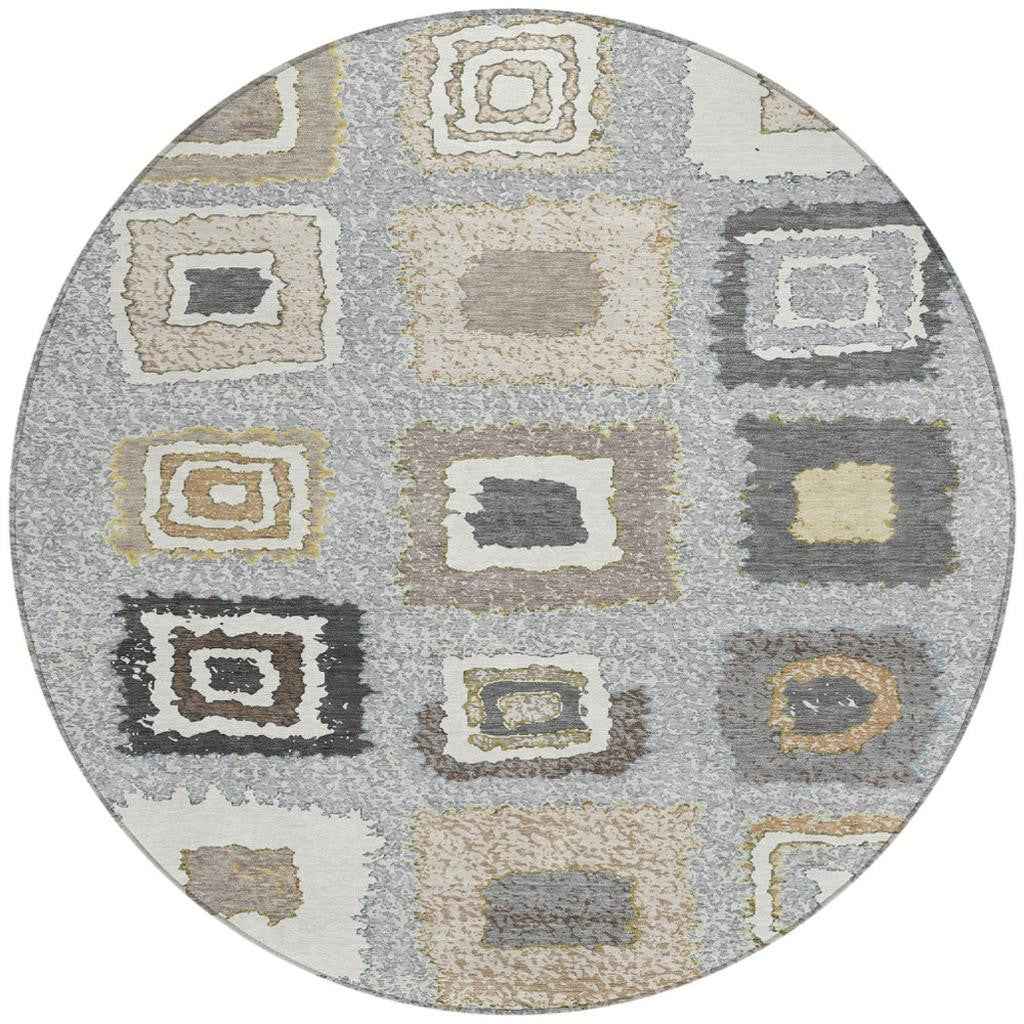 8' Gray Charcoal And Beige Round Geometric Washable Indoor Outdoor Area Rug