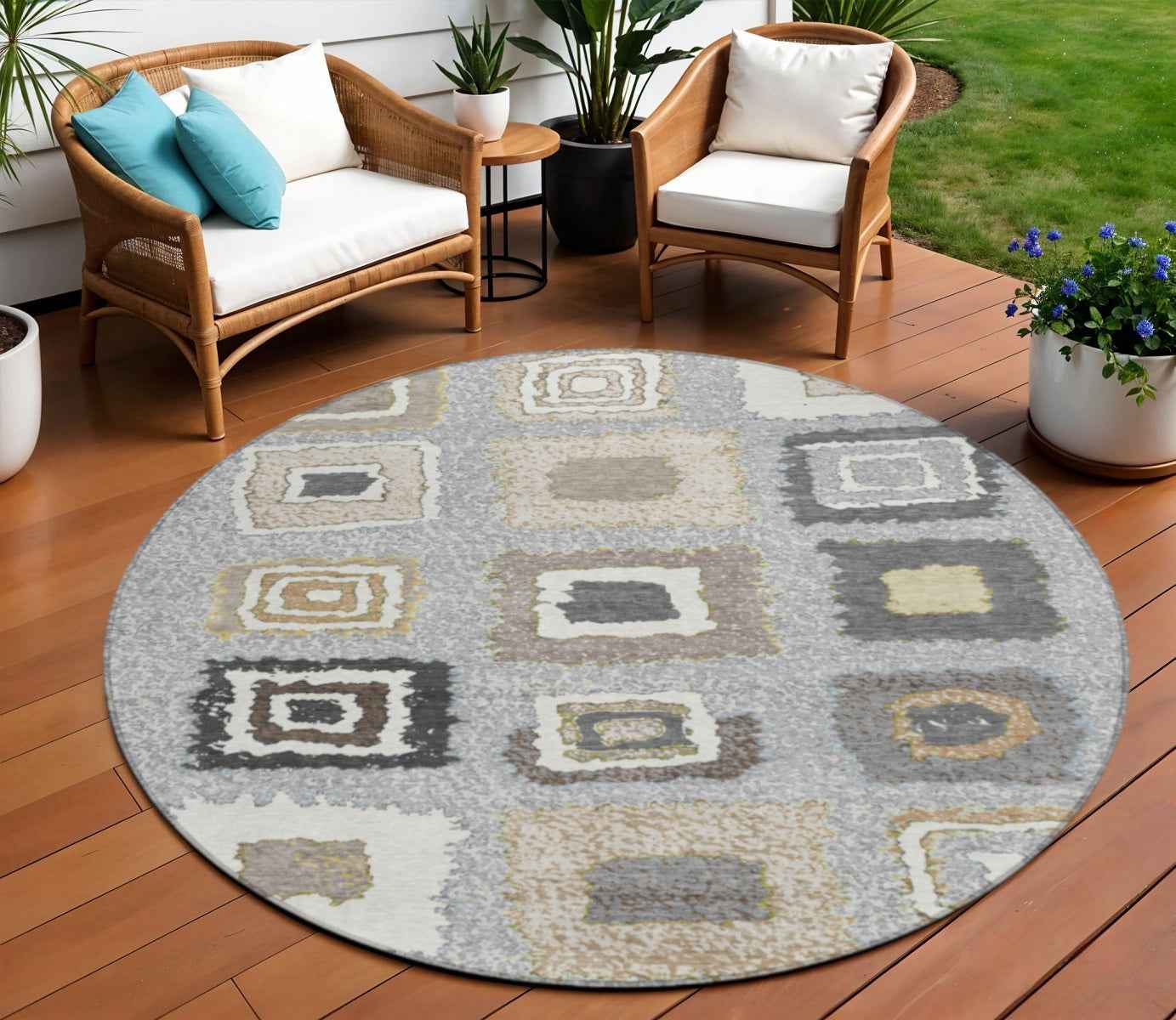 8' Gray Charcoal And Beige Round Geometric Washable Indoor Outdoor Area Rug