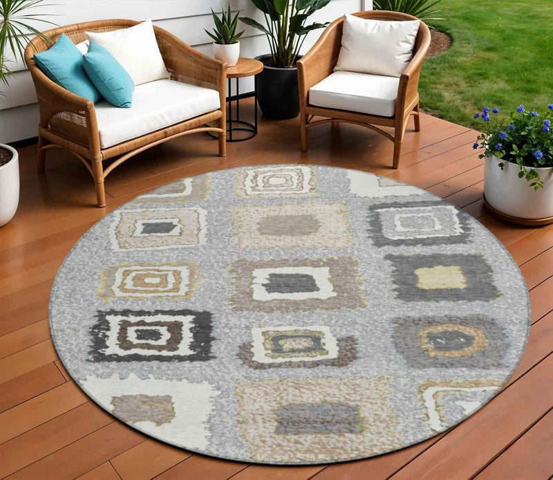 8' Gray Charcoal And Beige Round Geometric Washable Indoor Outdoor Area Rug