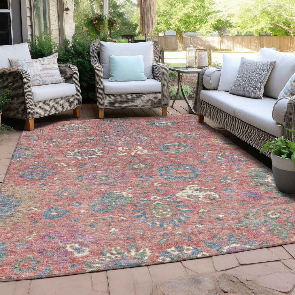 10' X 14' Coral Plum And Blue Floral Washable Indoor Outdoor Area Rug