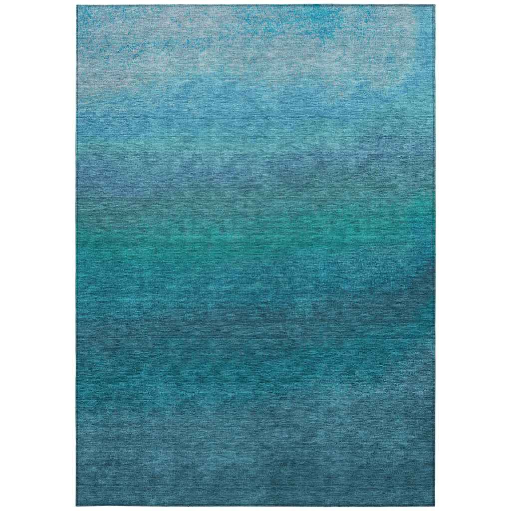 9' X 12' Teal Blue And Sky Blue Ombre Washable Indoor Outdoor Area Rug