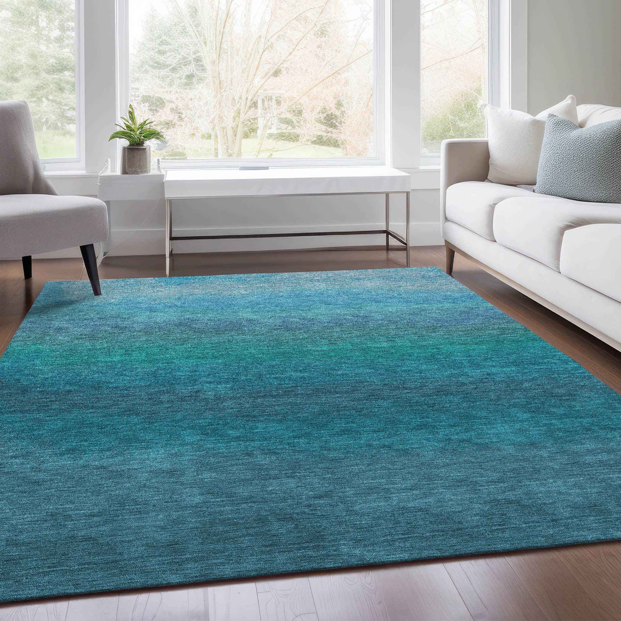 9' X 12' Teal Blue And Sky Blue Ombre Washable Indoor Outdoor Area Rug