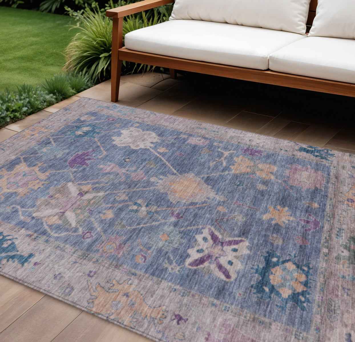10' X 14' Blue And Purple Tribal Washable Indoor Outdoor Area Rug