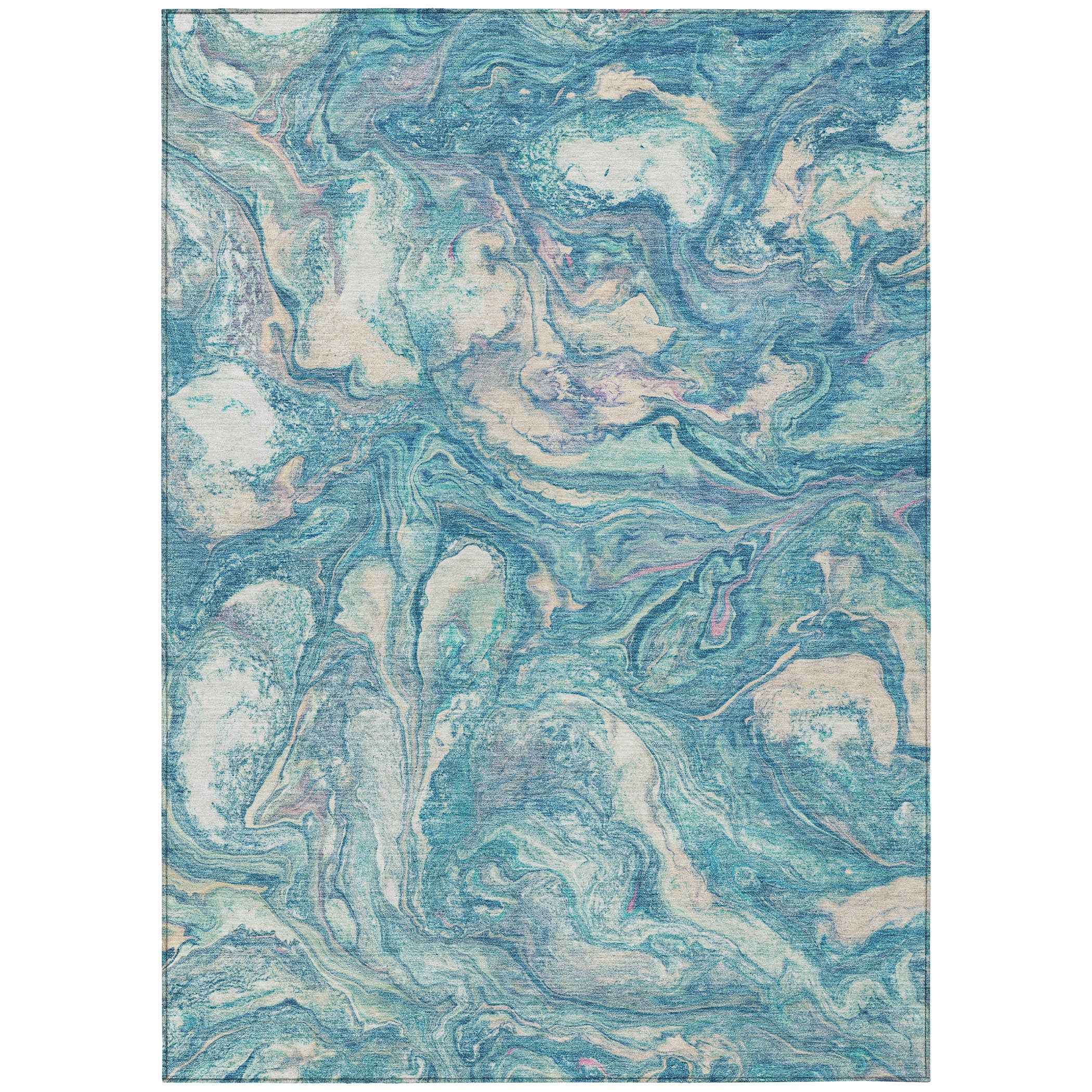 3' X 5' Teal Blue And Ivory Abstract Washable Indoor Outdoor Area Rug