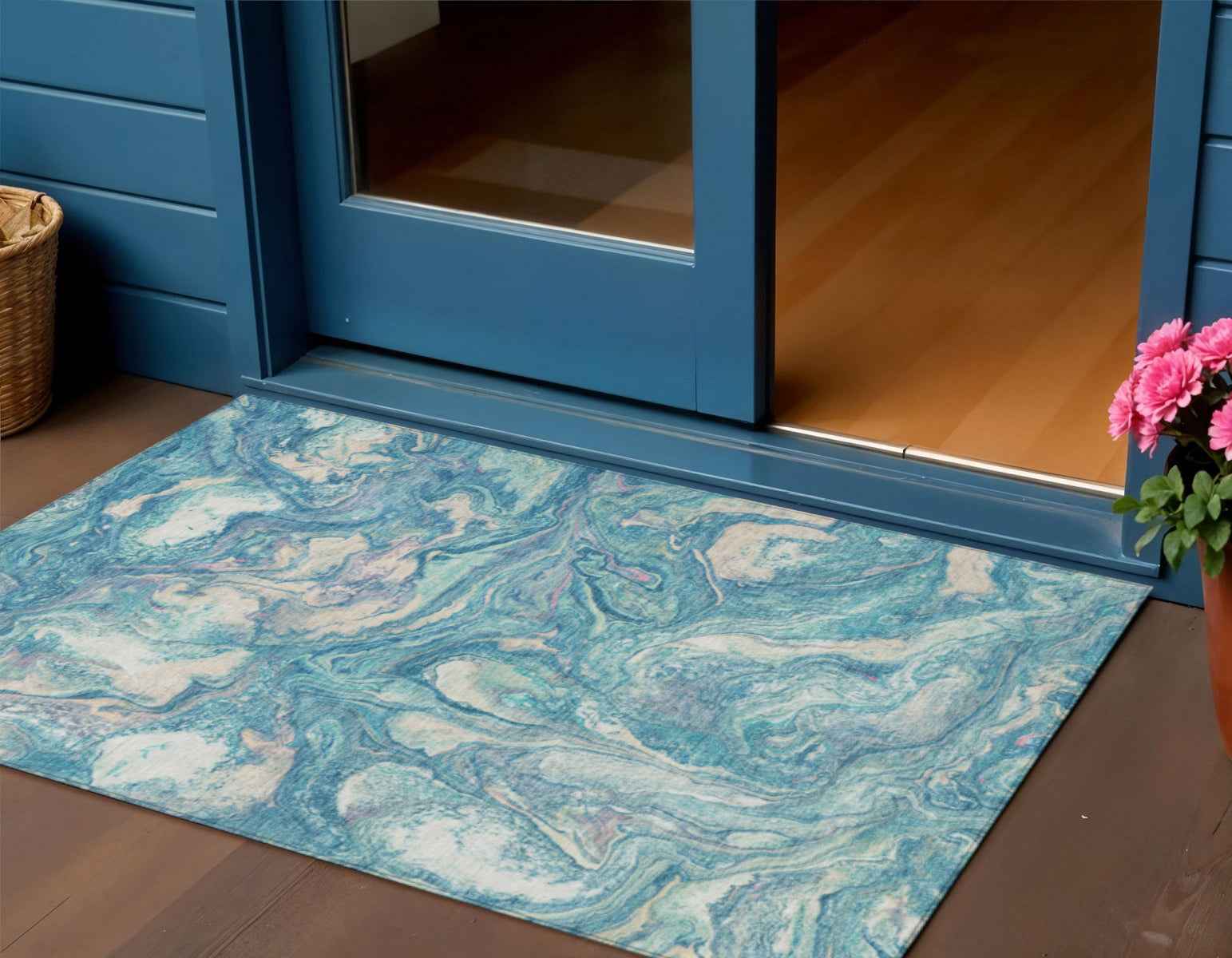 3' X 5' Teal Blue And Ivory Abstract Washable Indoor Outdoor Area Rug