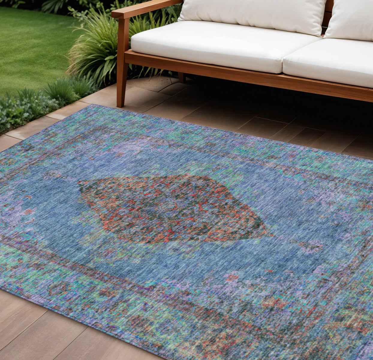 9' X 12' Blue And Rust Medallion Washable Indoor Outdoor Area Rug