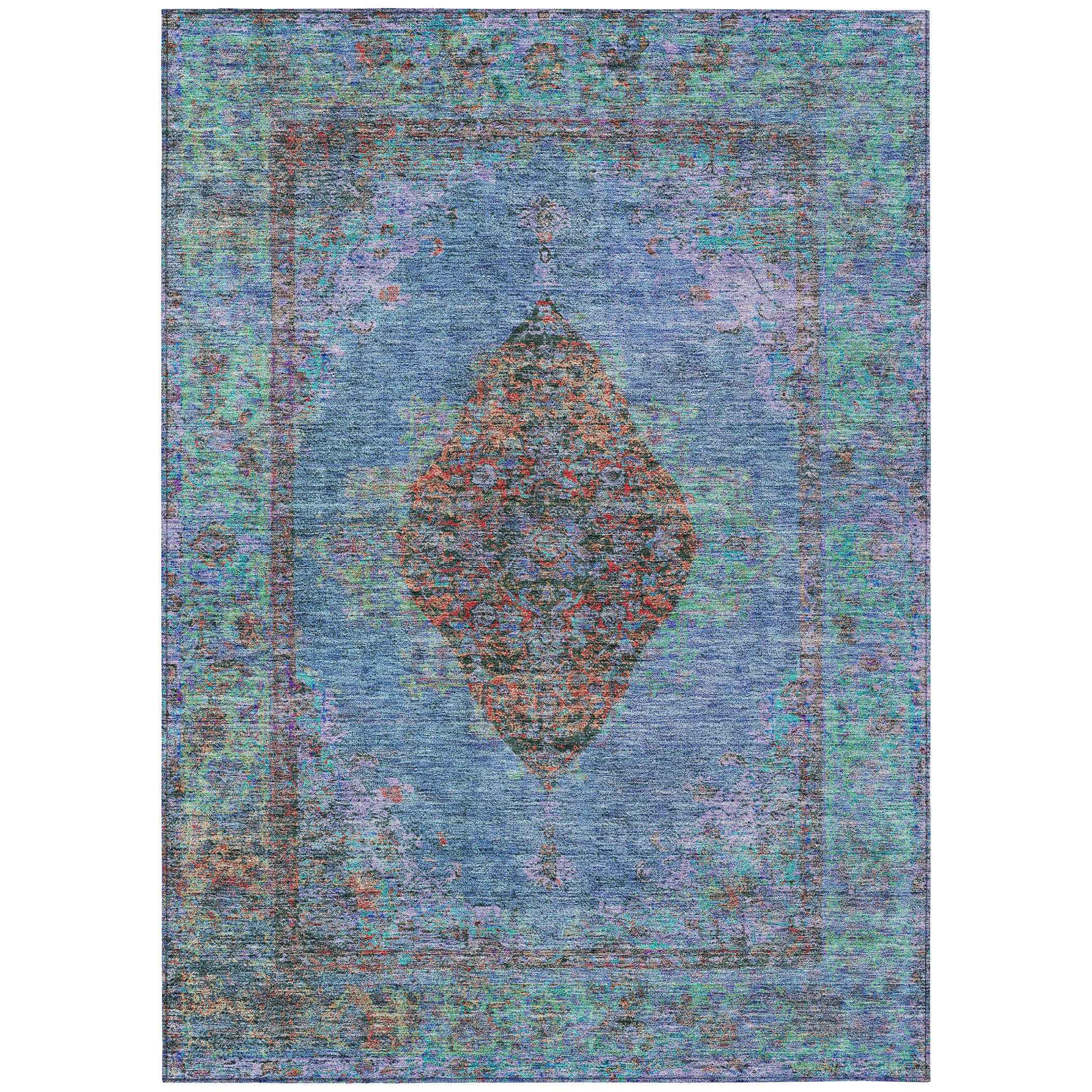 9' X 12' Blue And Rust Medallion Washable Indoor Outdoor Area Rug