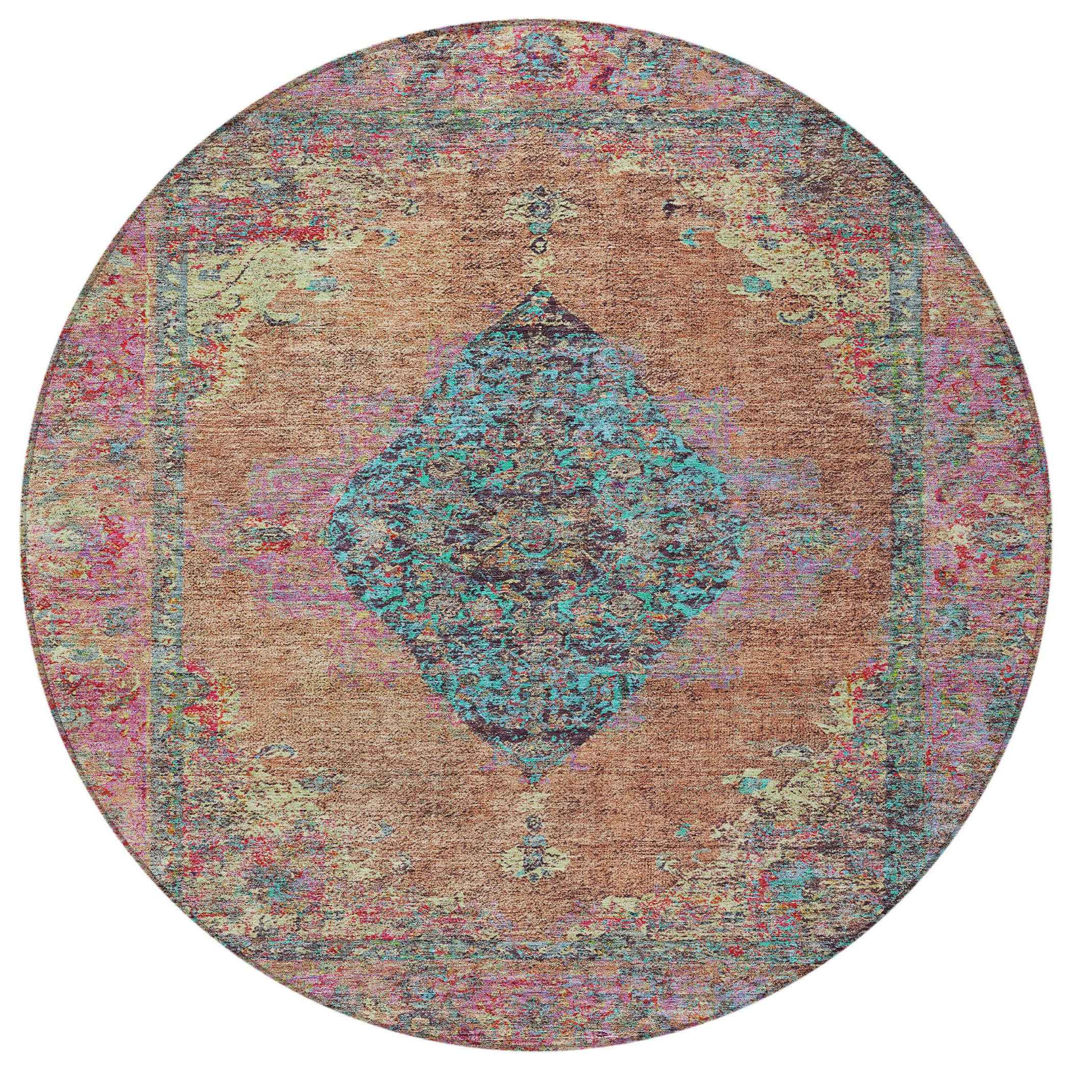 8' Orange And Teal Blue Round Medallion Washable Indoor Outdoor Area Rug