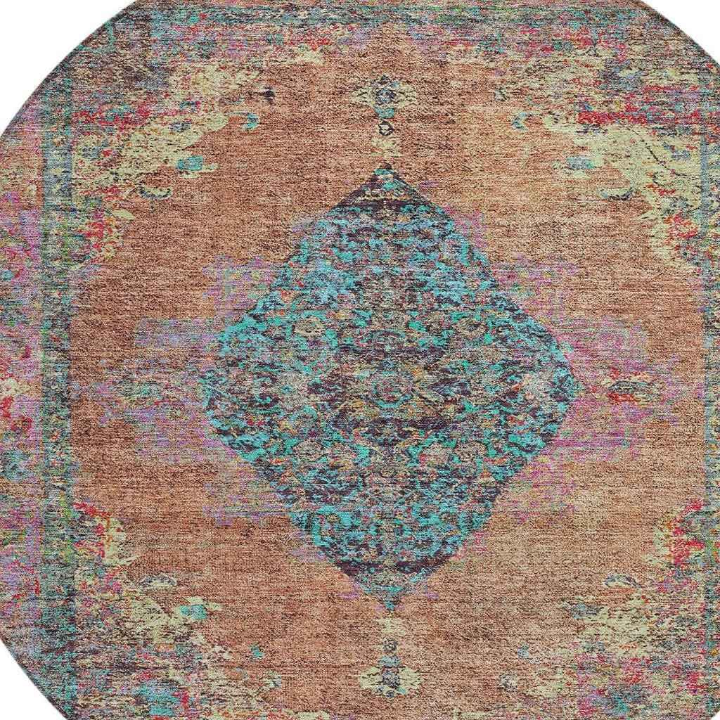 8' Orange And Teal Blue Round Medallion Washable Indoor Outdoor Area Rug