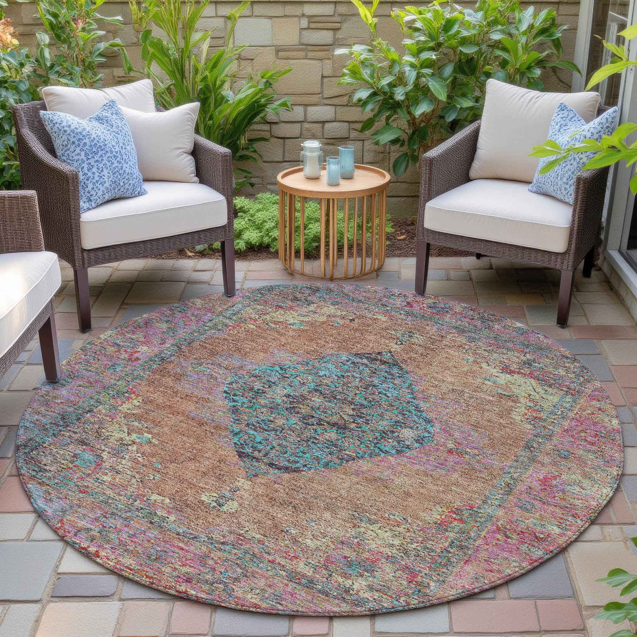8' Orange And Teal Blue Round Medallion Washable Indoor Outdoor Area Rug