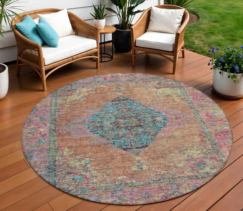 8' Orange And Teal Blue Round Medallion Washable Indoor Outdoor Area Rug