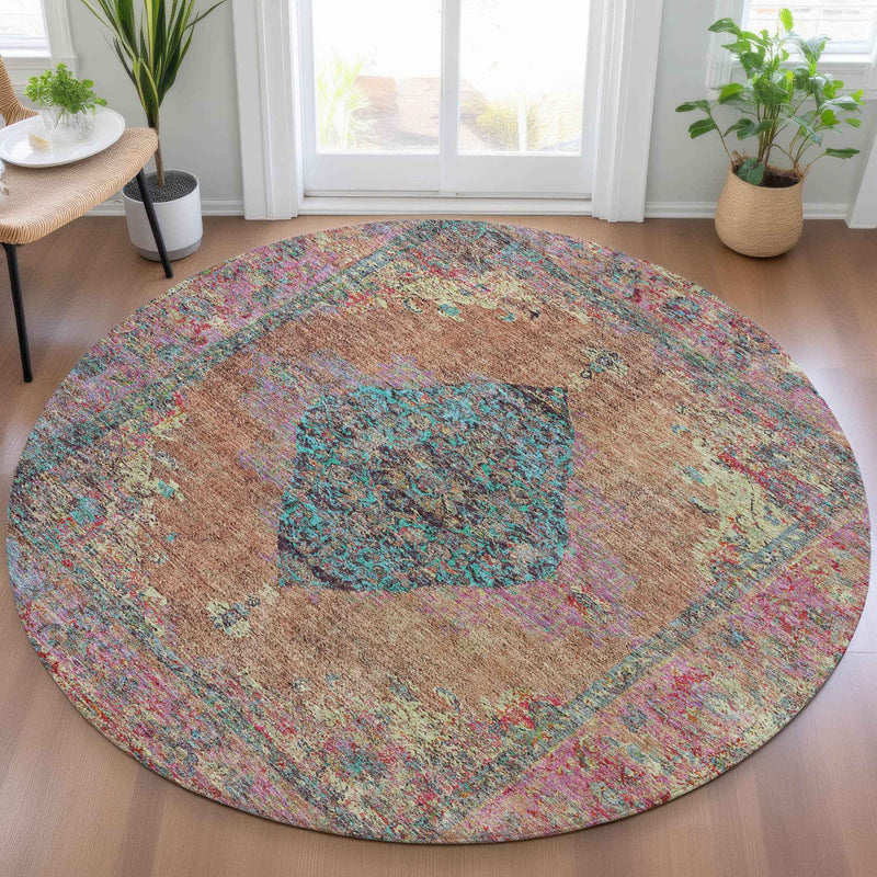 8' Orange And Teal Blue Round Medallion Washable Indoor Outdoor Area Rug