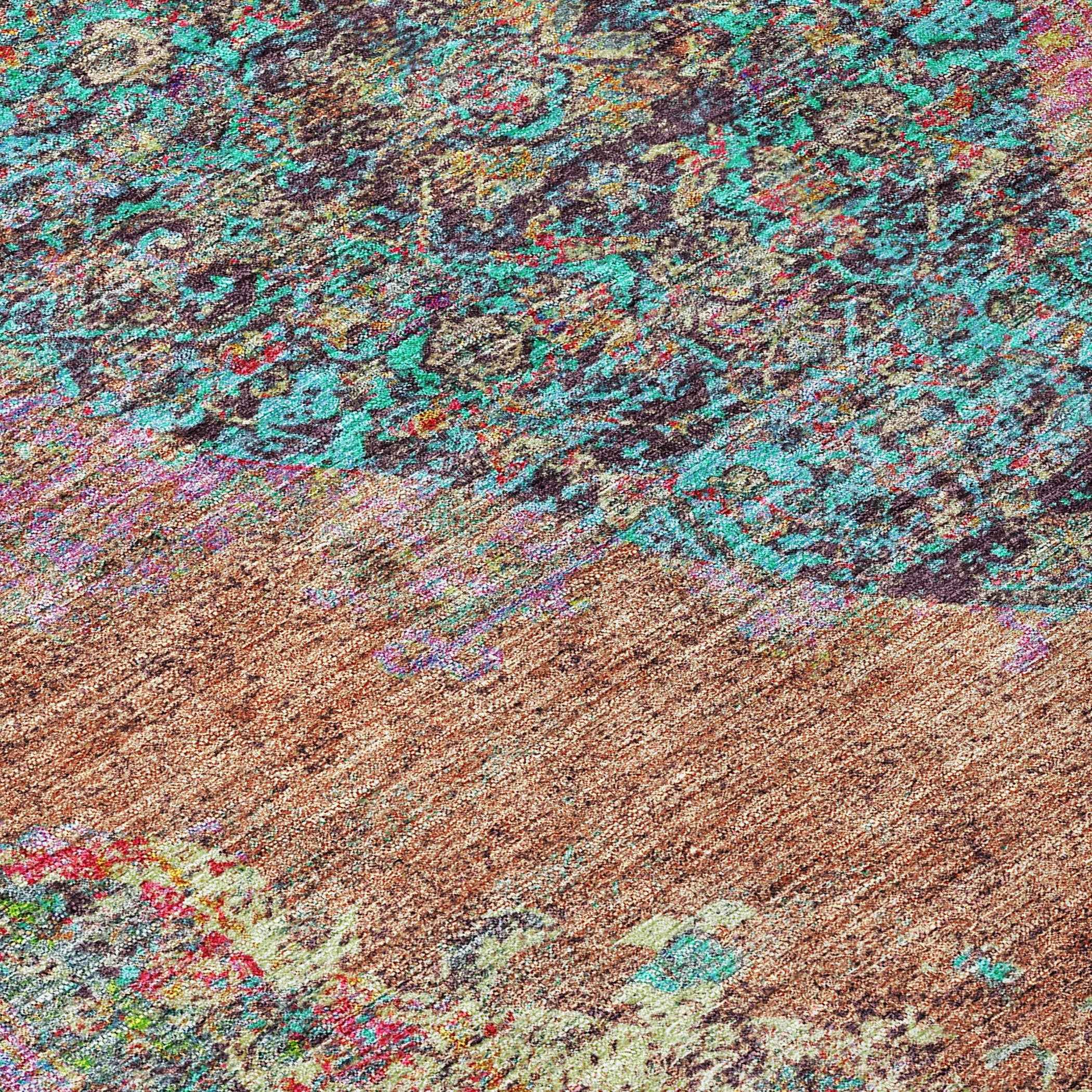 8' Orange And Teal Blue Round Medallion Washable Indoor Outdoor Area Rug