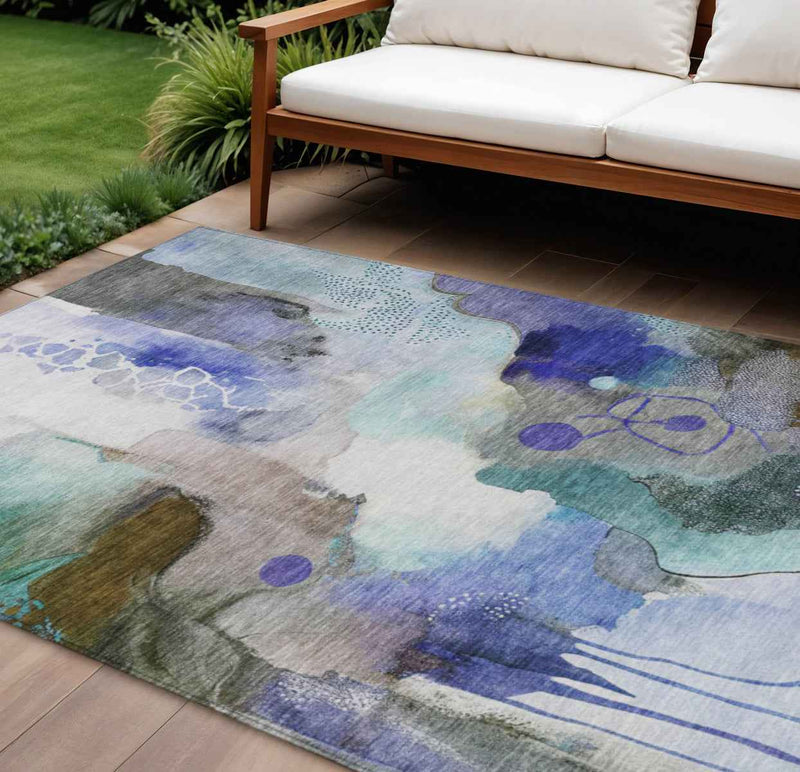 9' X 12' Brown Purple And Ivory Abstract Washable Indoor Outdoor Area Rug